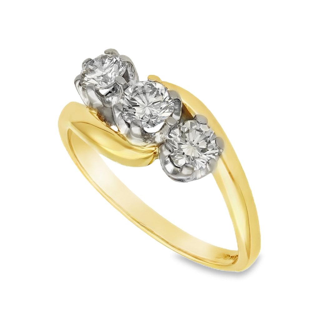 18ct Yellow Gold Diamond Trilogy Twist Ring - Size P - 1.00ct