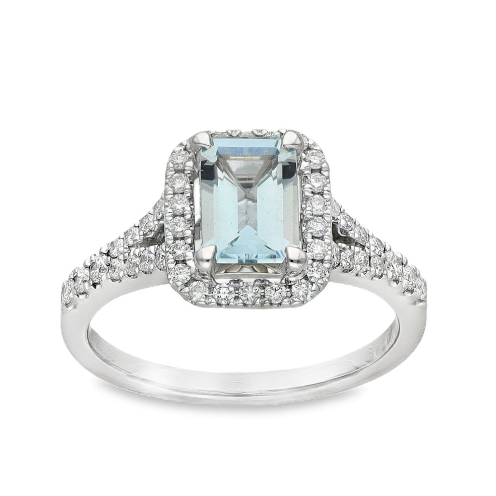 18ct White Gold Aquamarine & Diamond Cluster Ring - 0.30ct