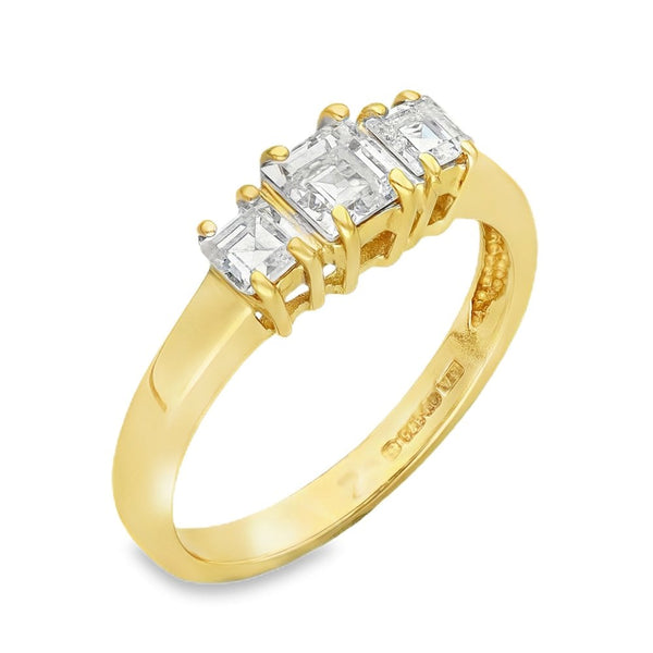 9ct Yellow Gold Cubic Zirconia Trilogy Ring - Size K½ - 2.2g