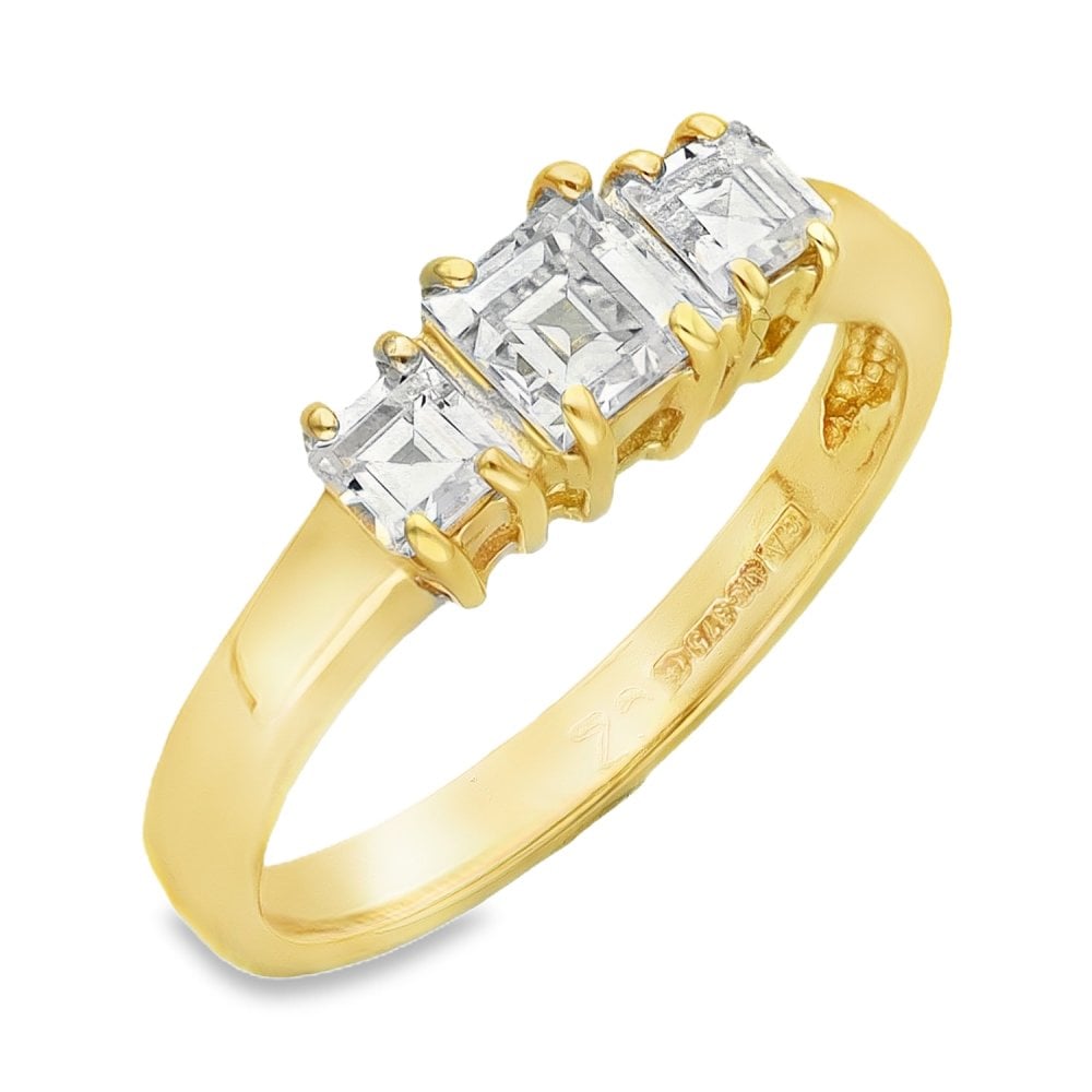 9ct Yellow Gold Cubic Zirconia Trilogy Ring - Size K½ - 2.2g