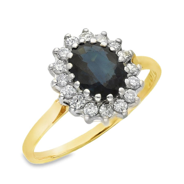 18ct Yellow Gold Sapphire & Diamond Cluster Ring -Size Q -0.32ct