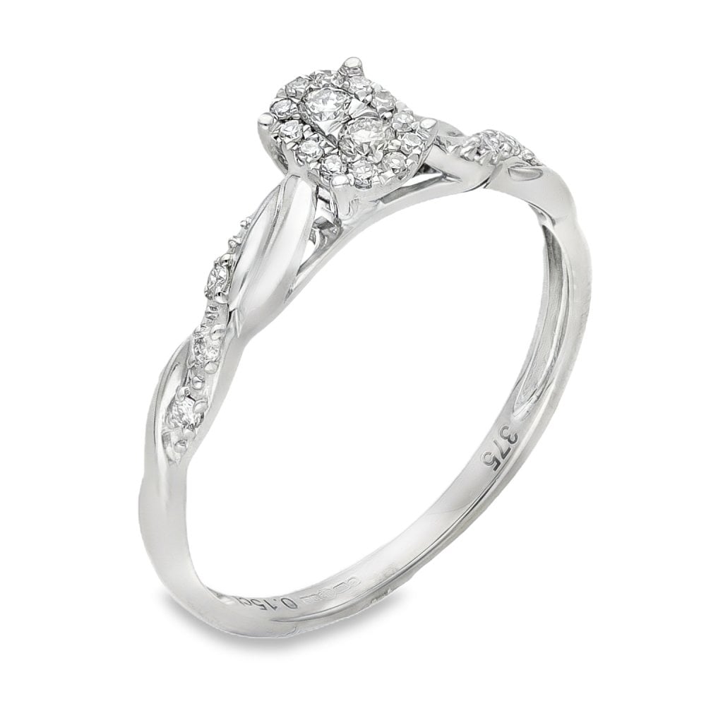 9ct White Gold Oval Diamond Cluster Ring - Size O - 0.15ct
