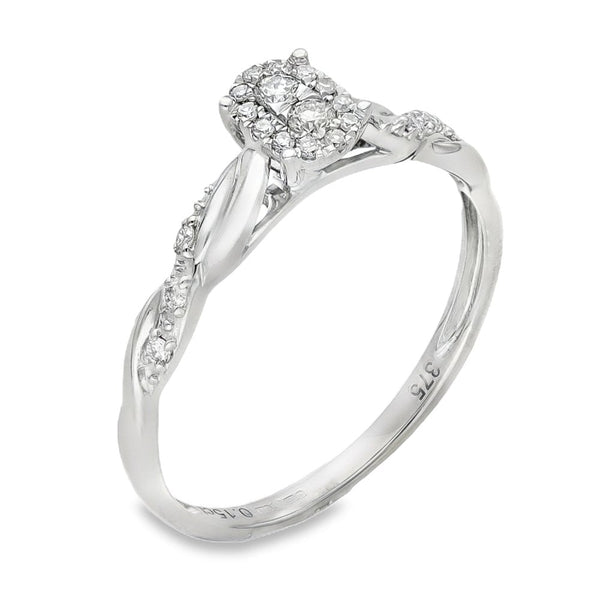 9ct White Gold Oval Diamond Cluster Ring - Size O - 0.15ct
