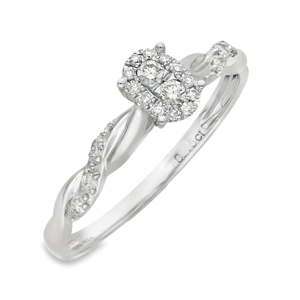 9ct White Gold Oval Diamond Cluster Ring - Size O - 0.15ct
