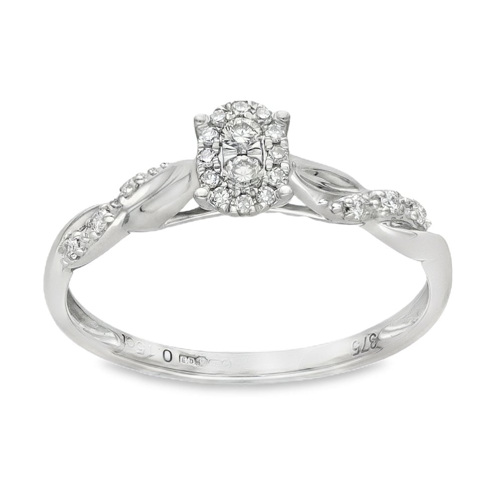 9ct White Gold Oval Diamond Cluster Ring - Size O - 0.15ct