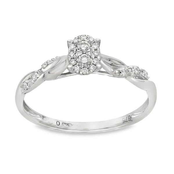 9ct White Gold Oval Diamond Cluster Ring - Size O - 0.15ct
