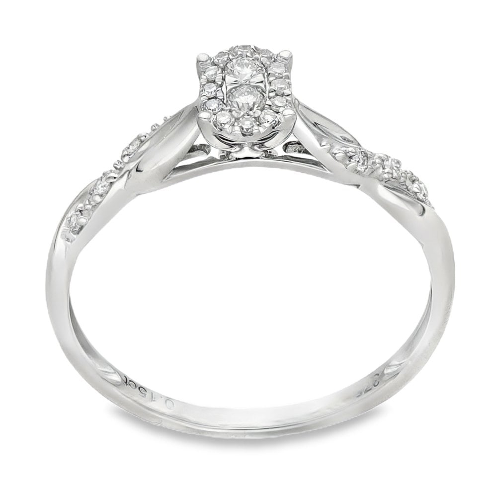 9ct White Gold Oval Diamond Cluster Ring - Size O - 0.15ct