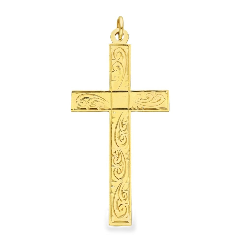 9ct Yellow Gold Feather Flat Cross Pendant - 20x42x1mm - 2.6g