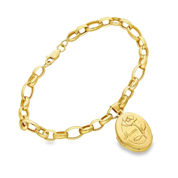 9ct Yellow Gold Belcher Bracelet & Mum Locket - 7.5" - 5.9g