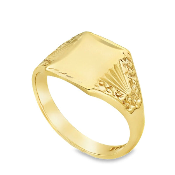 9ct Yellow Gold Rectangular Patterned Signet Ring - Size T -13mm