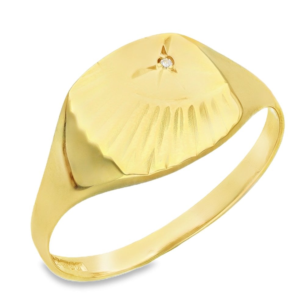 9ct Yellow Gold Diamond Flower Cushion Signet - Ring S - 10mm