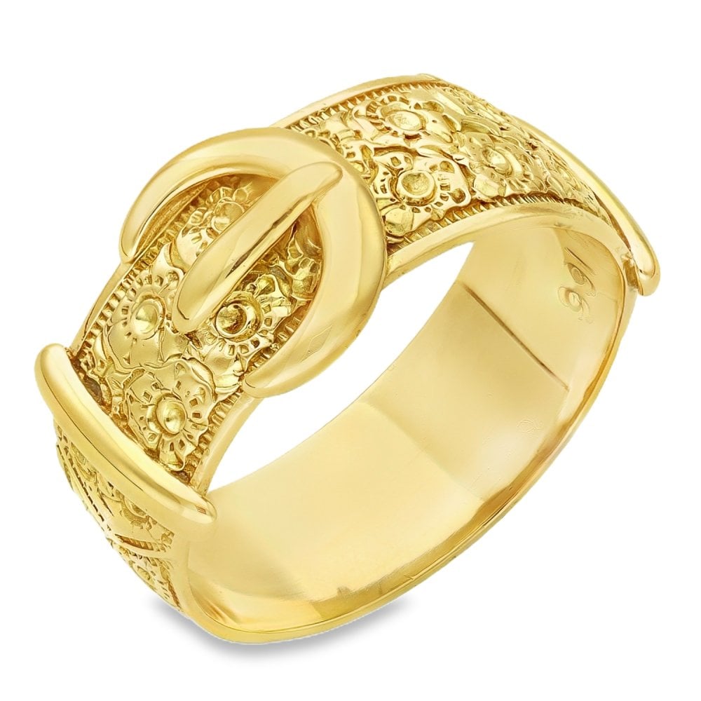 9ct Yellow Gold Patterned Buckle Ring - Size U - 11mm
