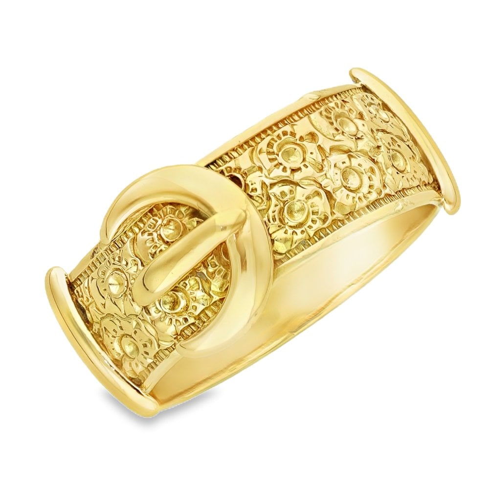 9ct Yellow Gold Patterned Buckle Ring - Size U - 11mm