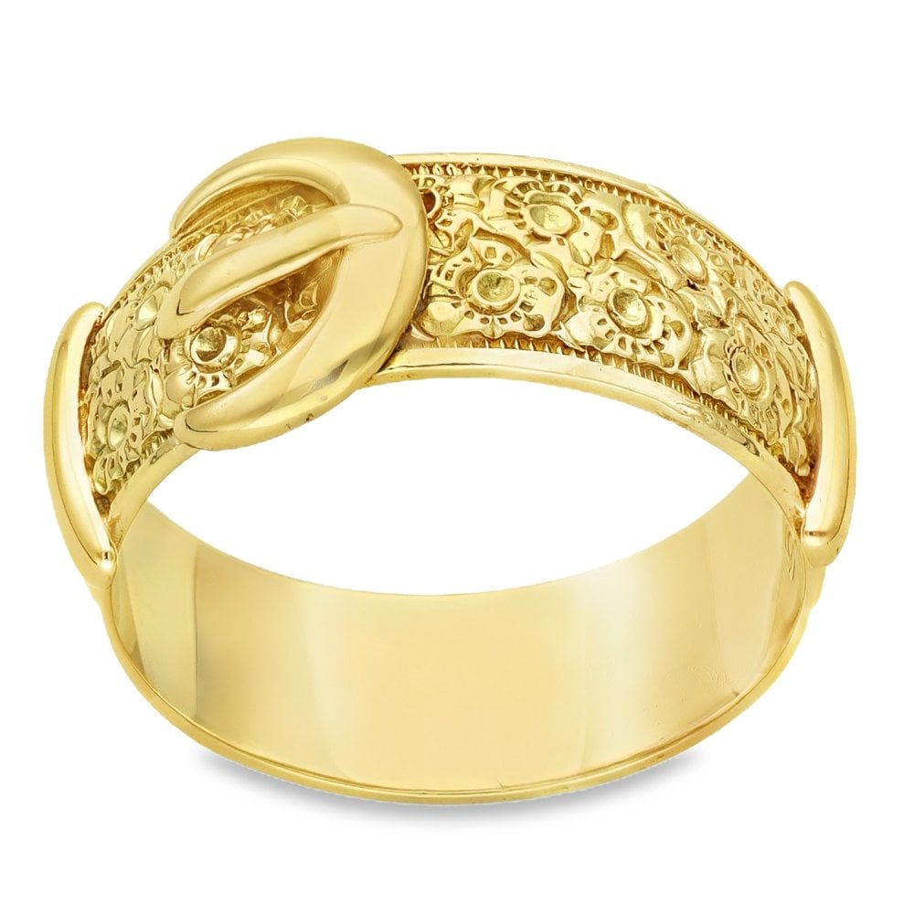 9ct Yellow Gold Patterned Buckle Ring - Size U - 11mm