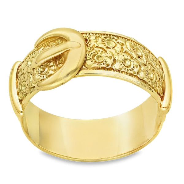9ct Yellow Gold Patterned Buckle Ring - Size U - 11mm