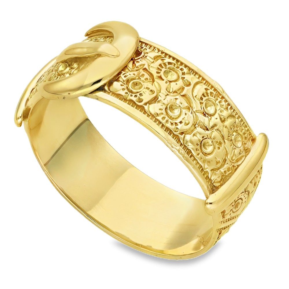 9ct Yellow Gold Patterned Buckle Ring - Size U - 11mm