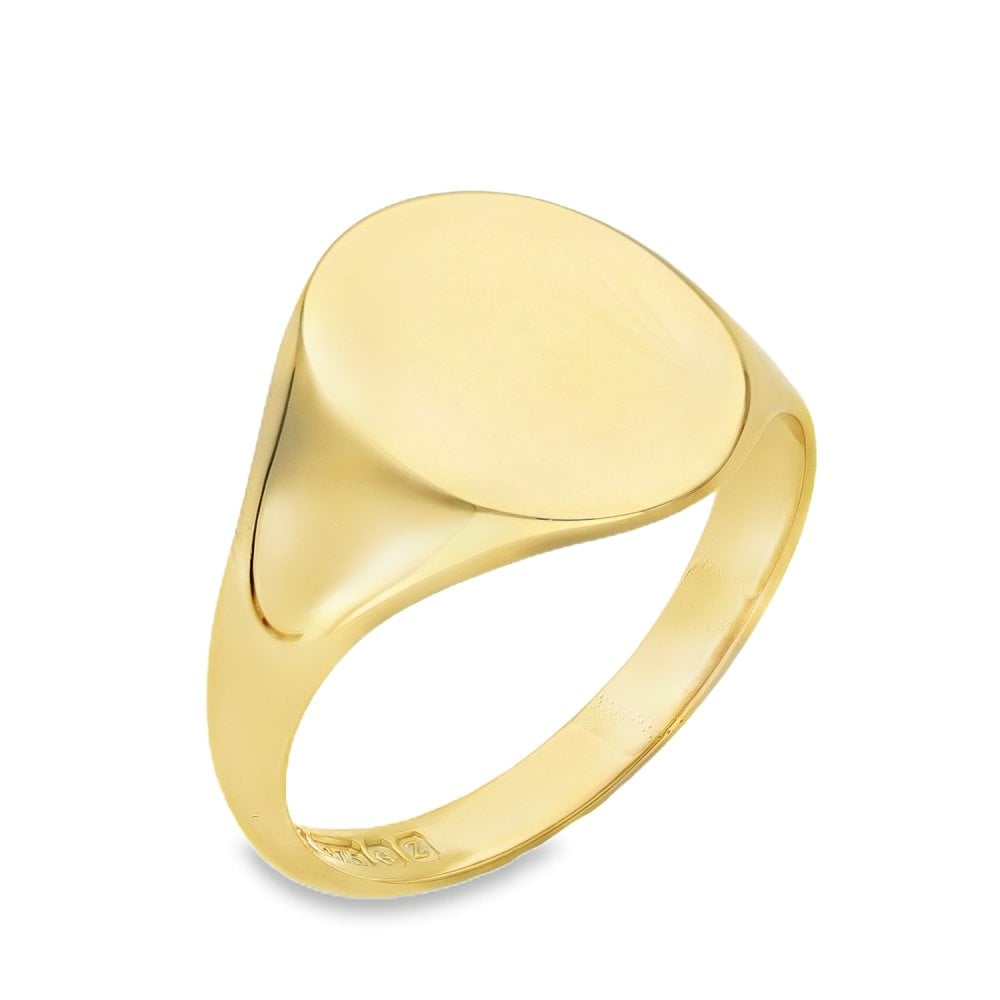 9ct Yellow Gold Leaf-Engraved Oval Signet Ring - Size R - 15mm
