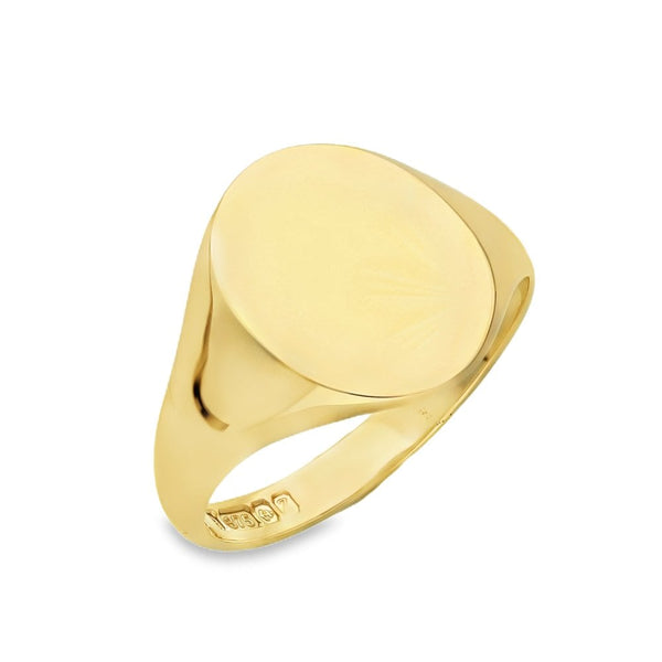 9ct Yellow Gold Leaf-Engraved Oval Signet Ring - Size R - 15mm