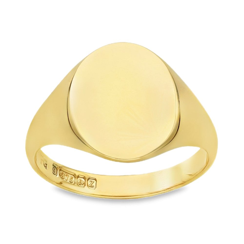 9ct Yellow Gold Leaf-Engraved Oval Signet Ring - Size R - 15mm