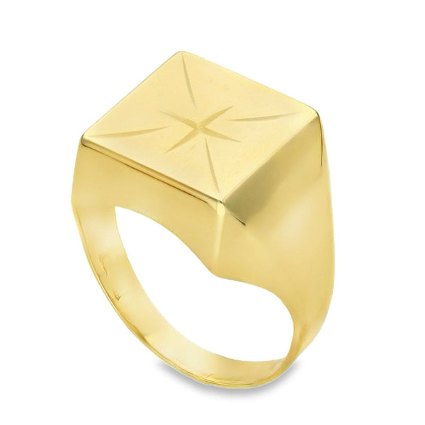 9ct Yellow Gold Star-Engraved Signet Ring - Size V - 16mm