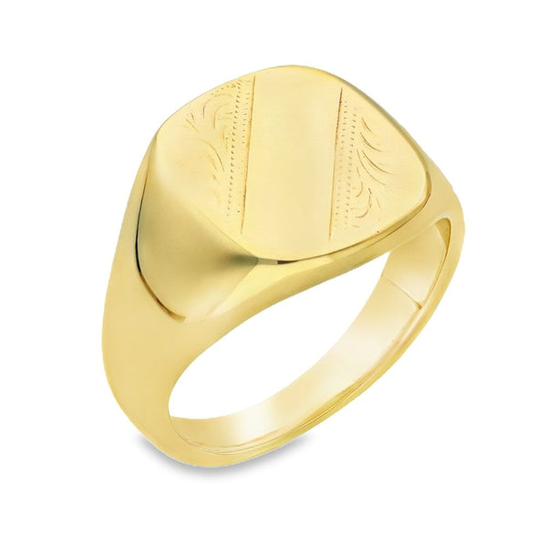 9ct Yellow Gold Feather Cushion Signet Ring - Size Y - 17mm