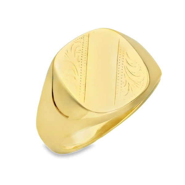 9ct Yellow Gold Feather Cushion Signet Ring - Size Y - 17mm