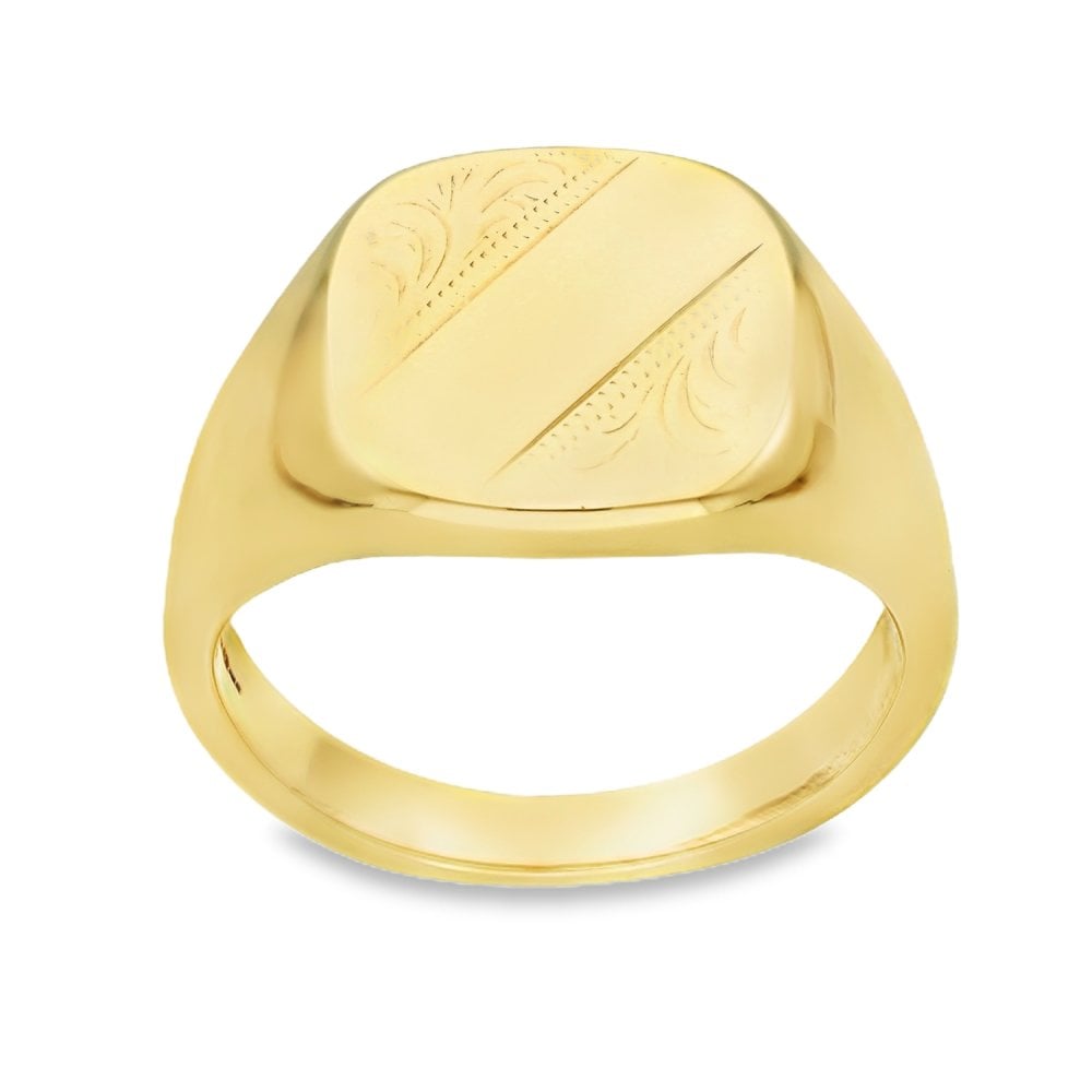 9ct Yellow Gold Feather Cushion Signet Ring - Size Y - 17mm