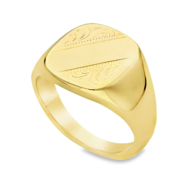 9ct Yellow Gold Feather Cushion Signet Ring - Size Y - 17mm