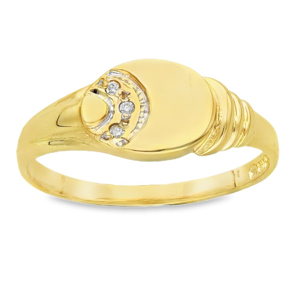 9ct Yellow Gold Diamond Oval Signet Ring - Size Q - 8mm