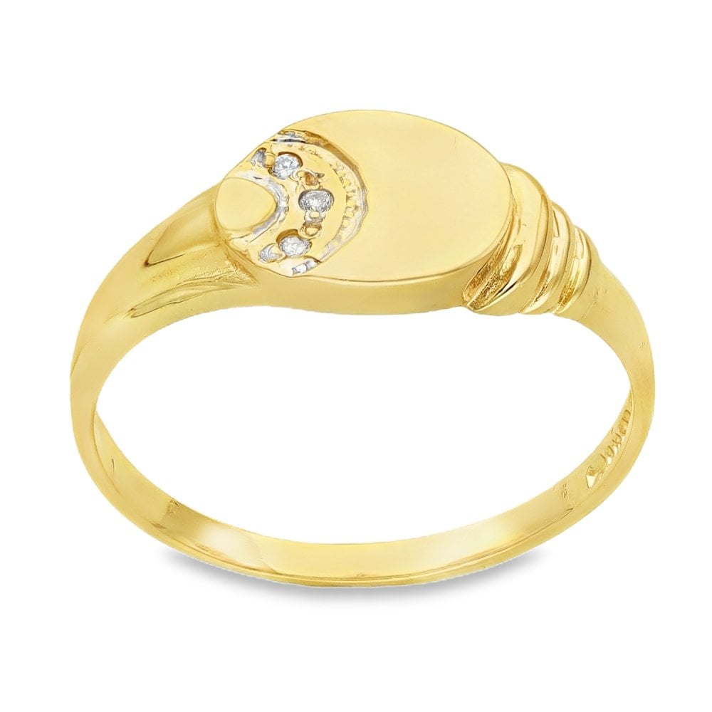 9ct Yellow Gold Diamond Oval Signet Ring - Size Q - 8mm