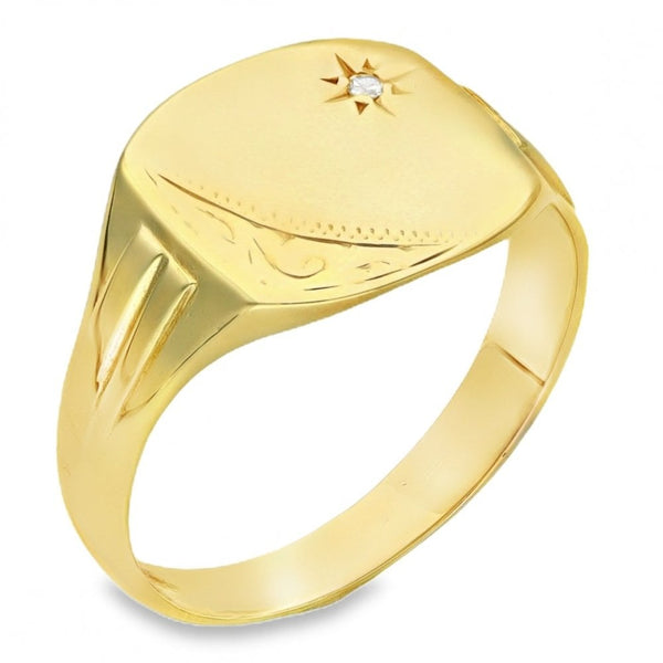 9ct Yellow Gold Diamond Cushion Signet Ring - Size R - 12mm
