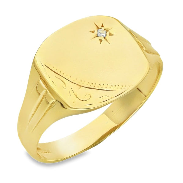 9ct Yellow Gold Diamond Cushion Signet Ring - Size R - 12mm