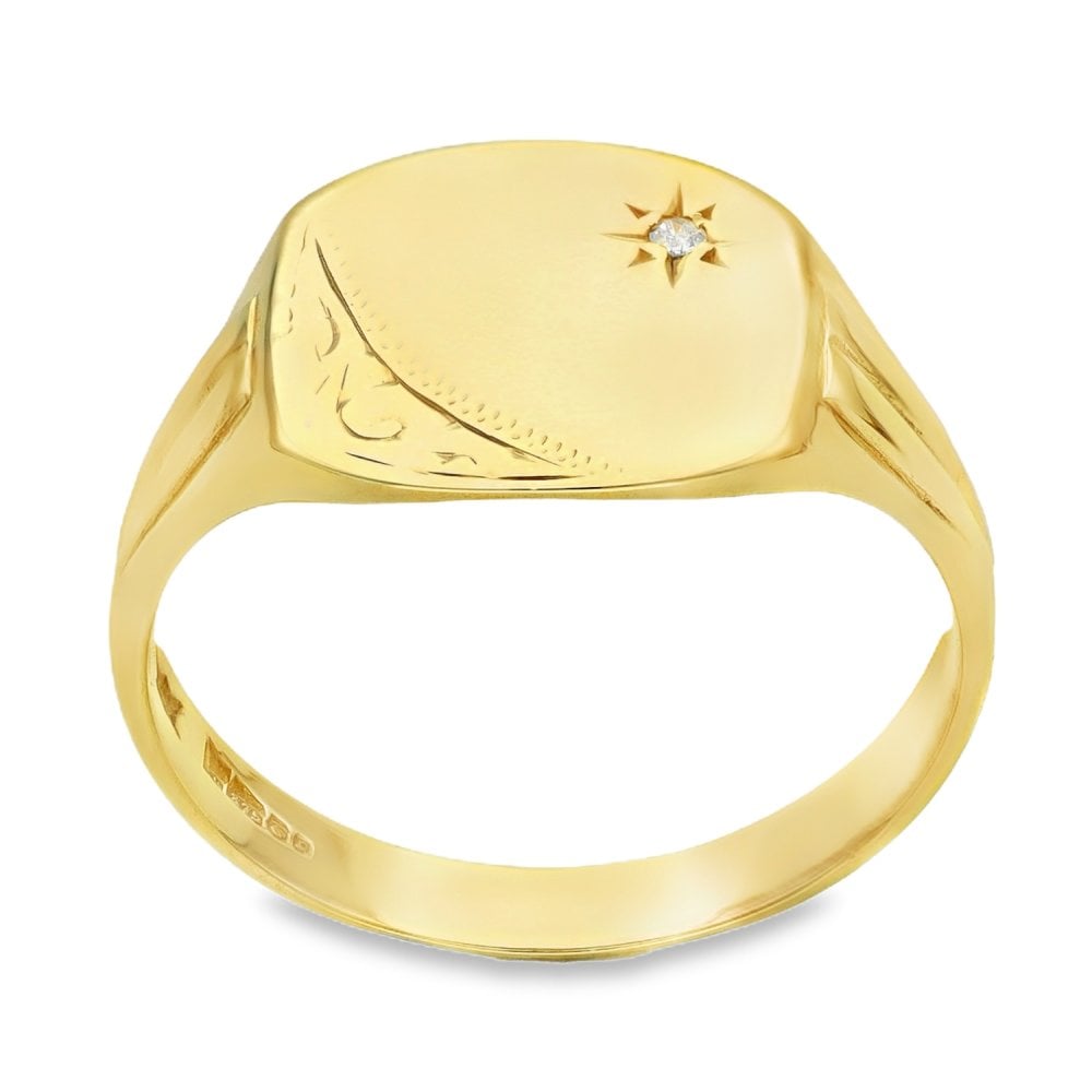 9ct Yellow Gold Diamond Cushion Signet Ring - Size R - 12mm