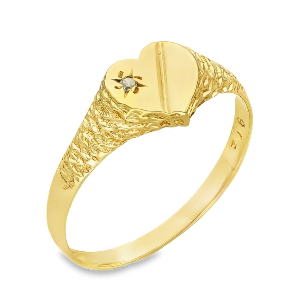 9ct Yellow Gold Diamond Heart Signet Ring - Size N½ - 7mm