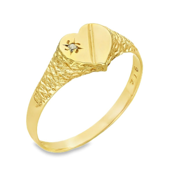 9ct Yellow Gold Diamond Heart Signet Ring - Size N½ - 7mm
