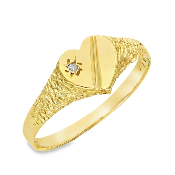9ct Yellow Gold Diamond Heart Signet Ring - Size N½ - 7mm