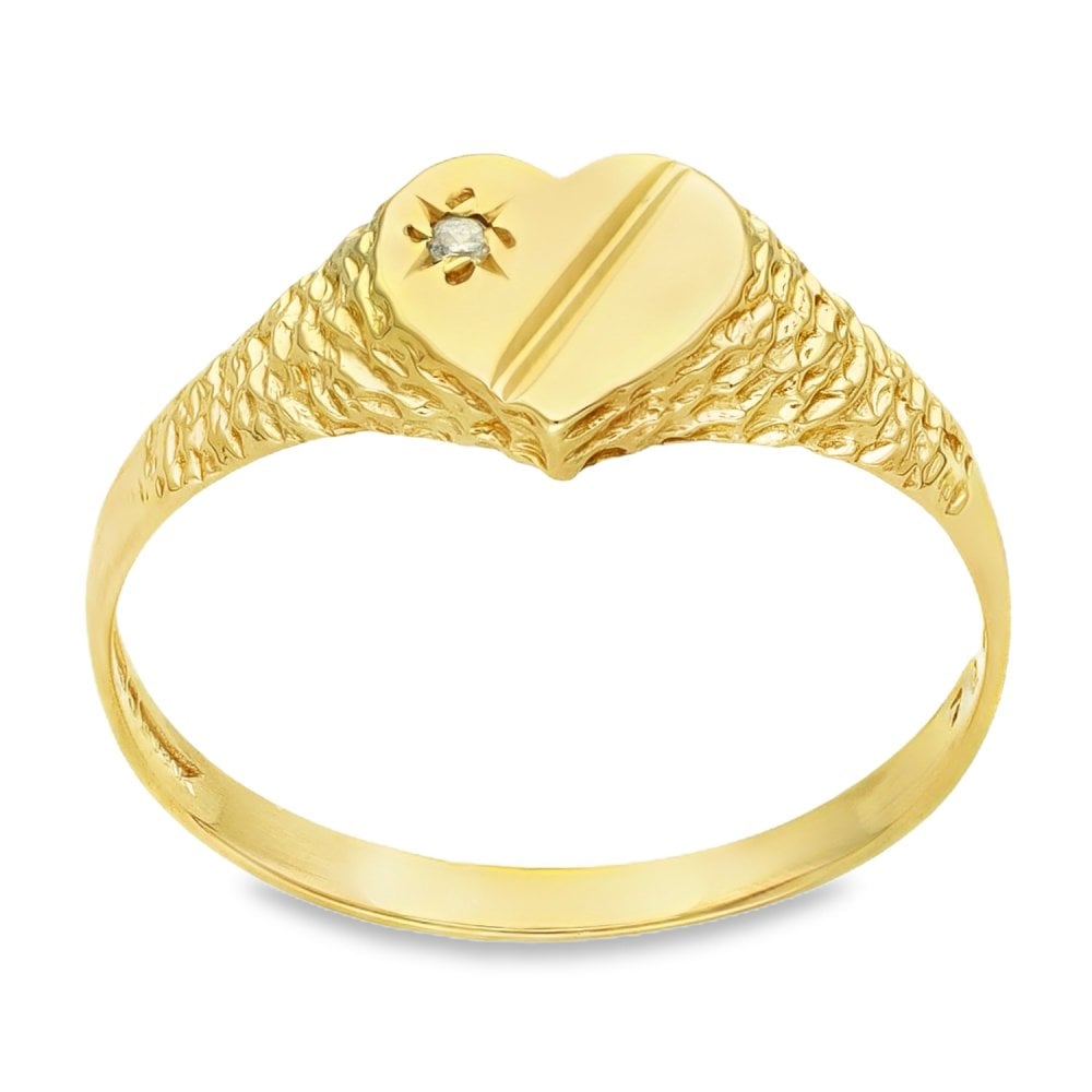 9ct Yellow Gold Diamond Heart Signet Ring - Size N½ - 7mm
