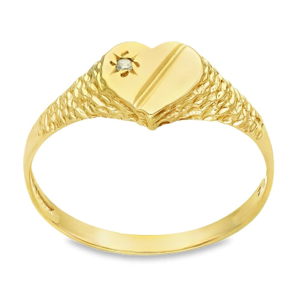 9ct Yellow Gold Diamond Heart Signet Ring - Size N½ - 7mm