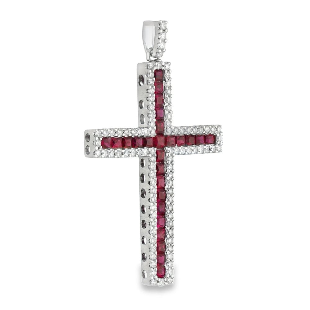 18ct White Gold Ruby & Diamond Cross Pendant - 25x38x4mm -1.00ct