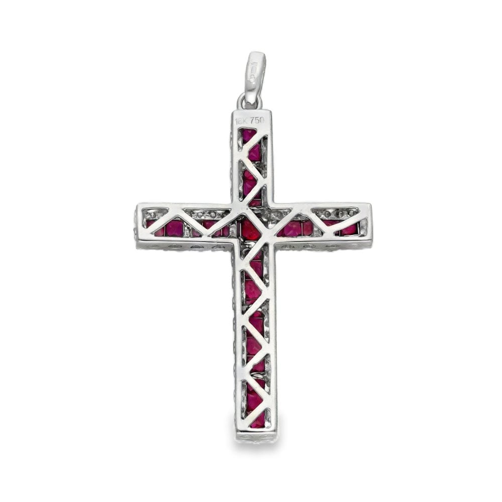 18ct White Gold Ruby & Diamond Cross Pendant - 25x38x4mm -1.00ct