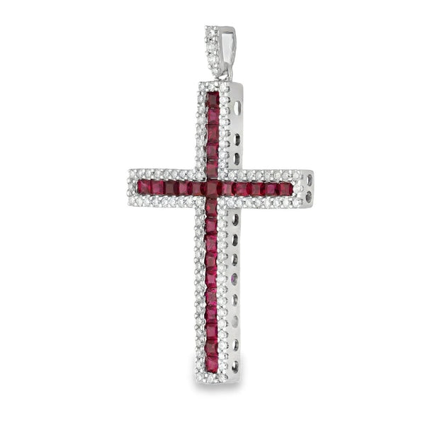 18ct White Gold Ruby & Diamond Cross Pendant - 25x38x4mm -1.00ct