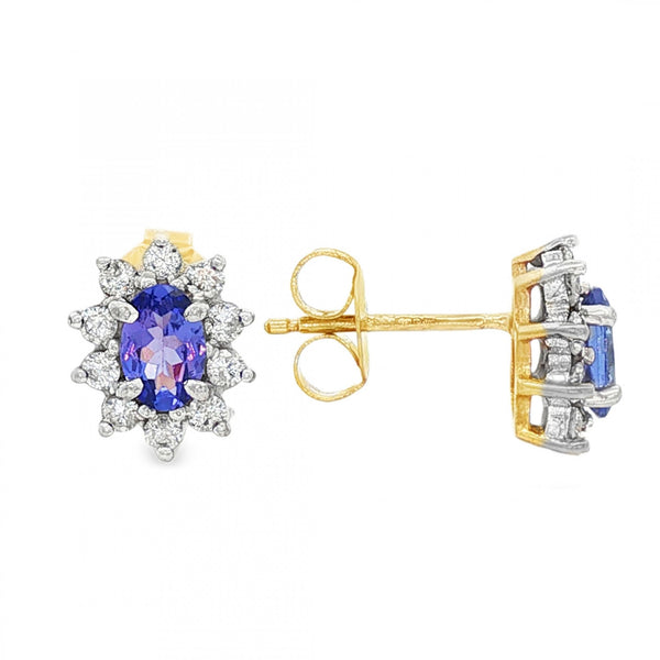 9ct Yellow Gold Tanzanite & Diamond Cluster Earrings - 0.40ct