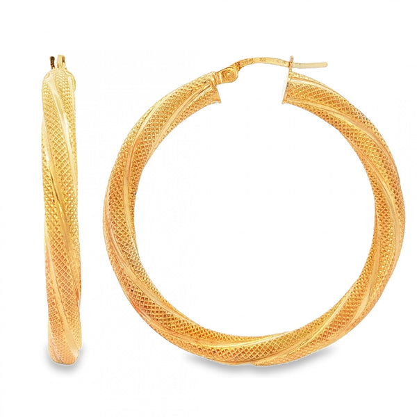 9ct Yellow Gold Large Twist Patterned Hoop Earrings - 4x38x37mm