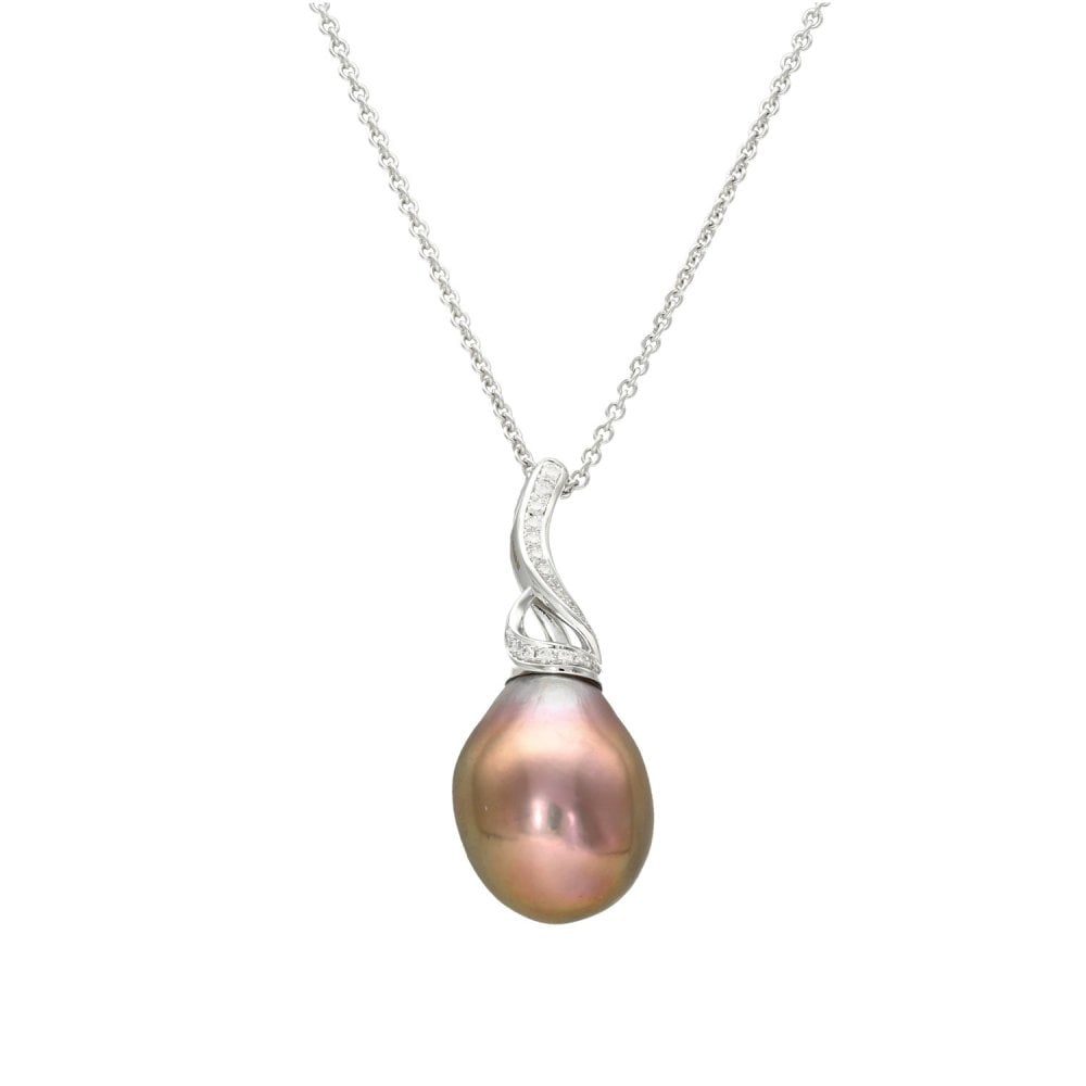 18ct White Gold Pink Pearl & Diamond Pendant & Necklace - 16/18"