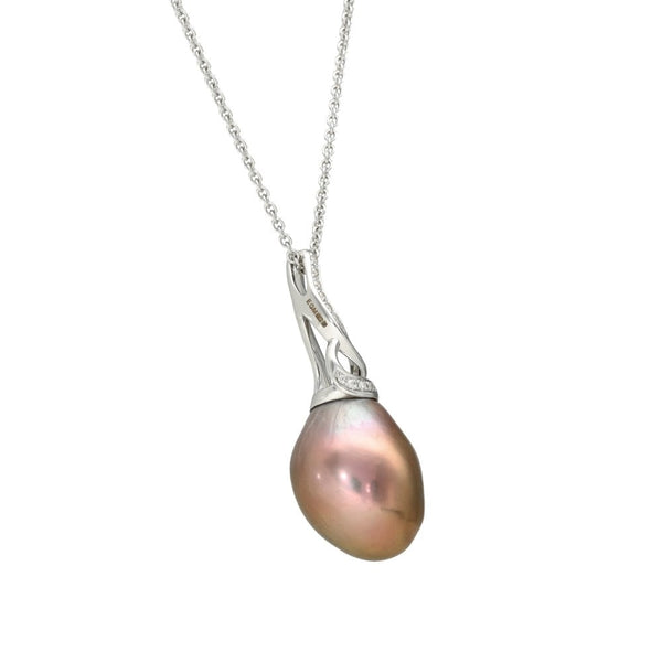 18ct White Gold Pink Pearl & Diamond Pendant & Necklace - 16/18"