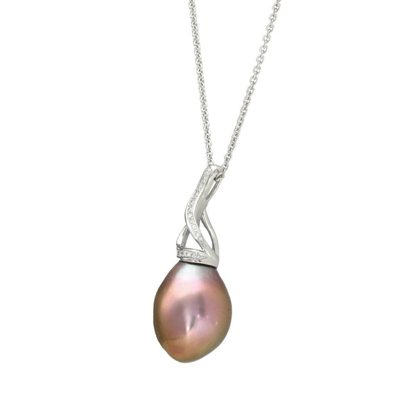 18ct White Gold Pink Pearl & Diamond Pendant & Necklace - 16/18"