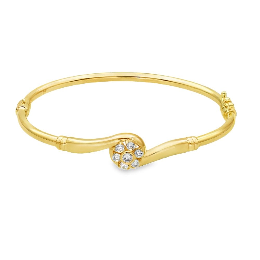 9ct Yellow Gold Cubic Zirconia Flower Twist Bangle - 17cm - 8.4g