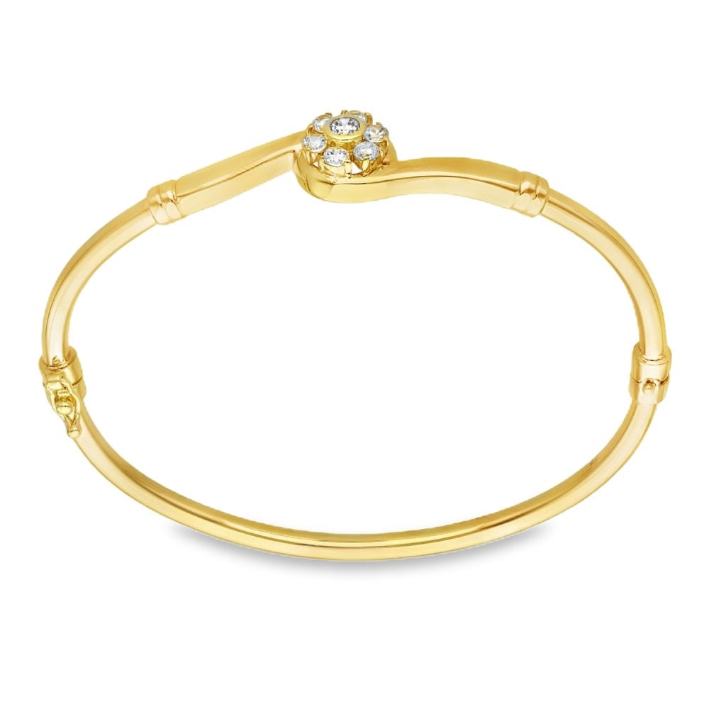 9ct Yellow Gold Cubic Zirconia Flower Twist Bangle - 17cm - 8.4g