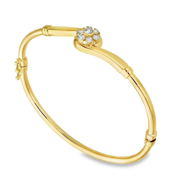 9ct Yellow Gold Cubic Zirconia Flower Twist Bangle - 17cm - 8.4g