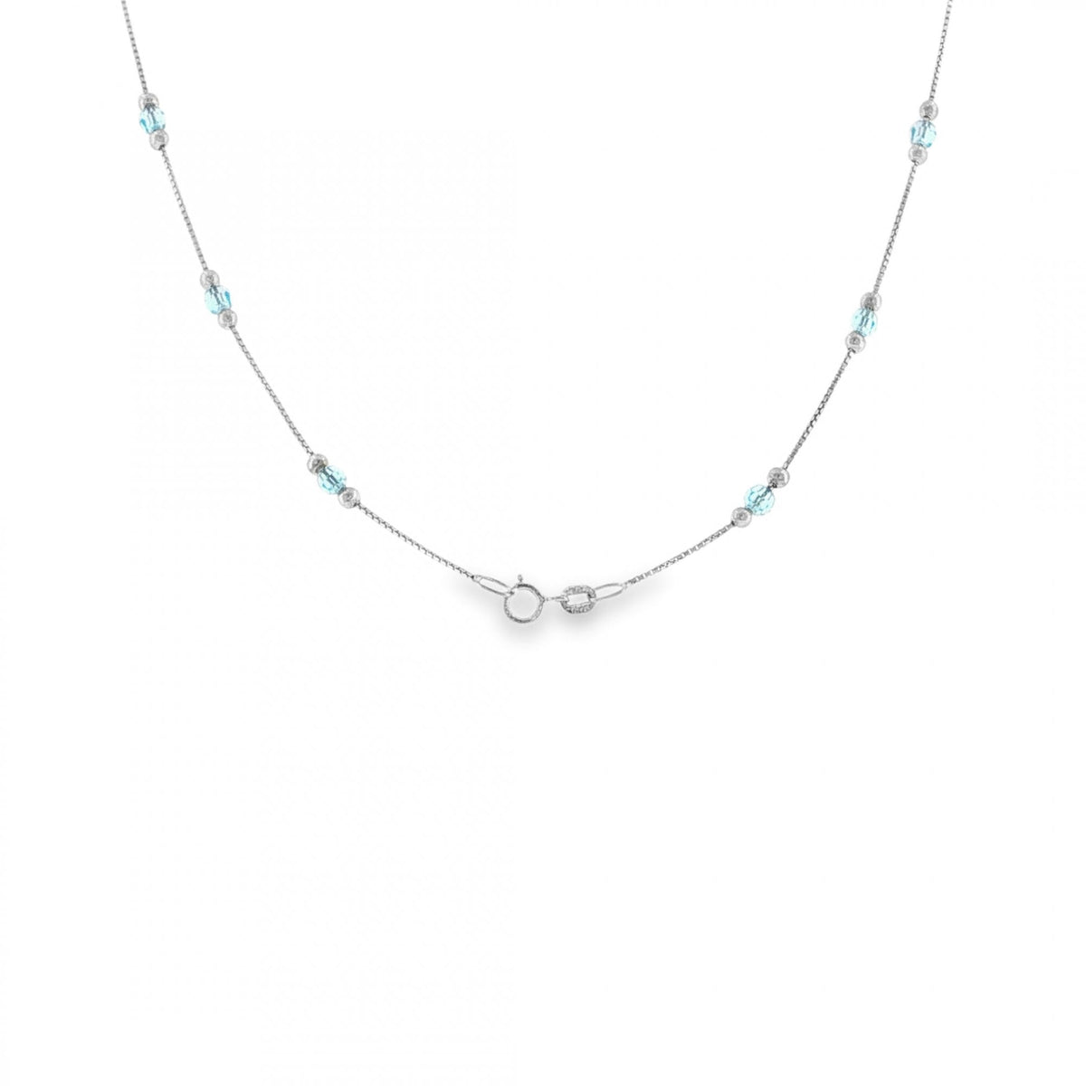 9ct White Gold Blue Bead Box Necklace - 18" - 3.0g
